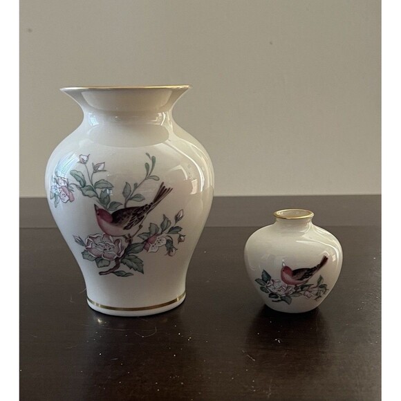 Lenox “Serenade” Bird Floral Motif Gold Trim Vases Made in USA 5.5” & 2.5" Lot - Picture 1 of 7